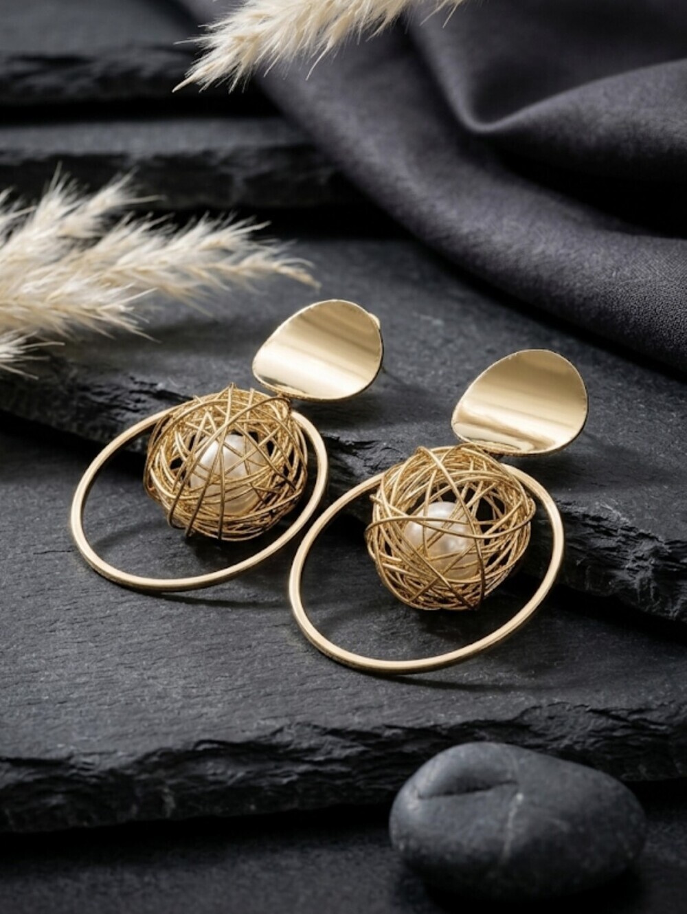 Gold Statement Earrings Wire Nest Ball Faux Pearl Geometric Circle Drop 2" - Picture 11 of 16